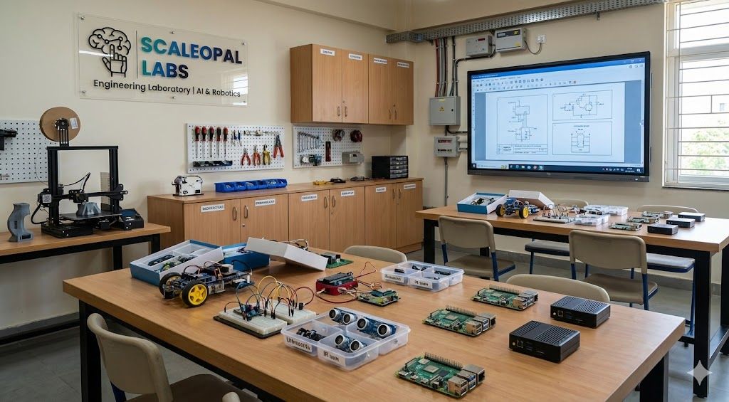 Students actively building projects in a Scaleopal robotics lab